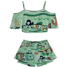 Seamless Pattern Fishes Pirates Cartoon Kids  Off Shoulder Skirt Bikini by Simbadda