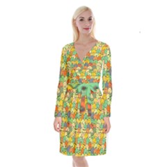 Seamless Pattern With Doodle Bunny Long Sleeve Velvet Front Wrap Dress