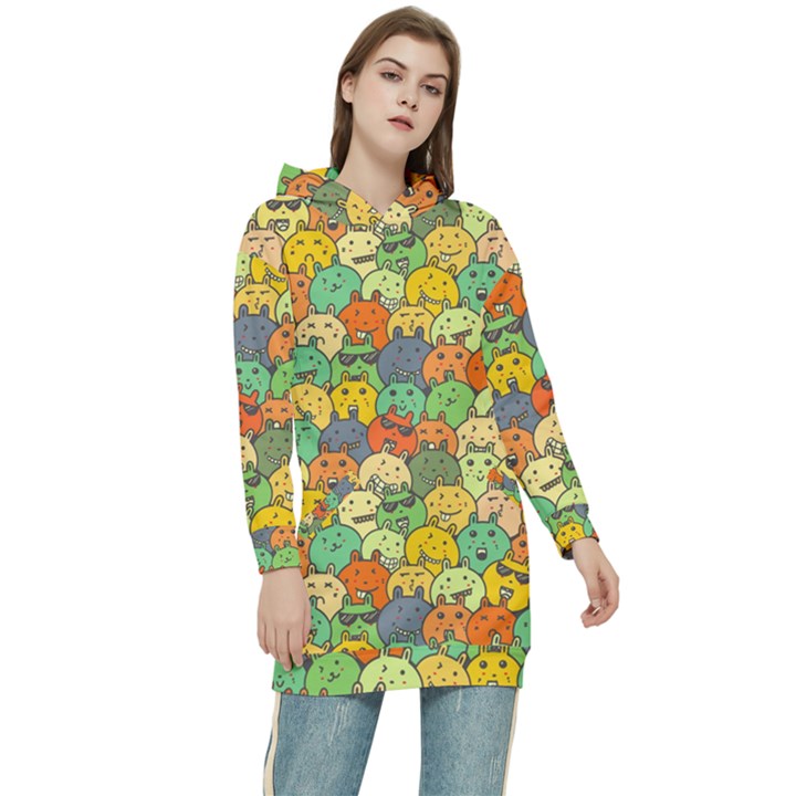 Seamless Pattern With Doodle Bunny Women s Long Oversized Pullover Hoodie