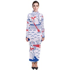 Nautical Cats Seamless Pattern Turtleneck Maxi Dress by Simbadda