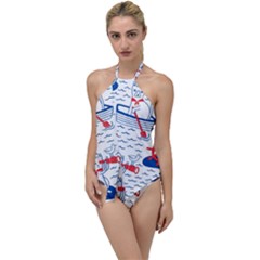 Nautical Cats Seamless Pattern Go With The Flow One Piece Swimsuit by Simbadda