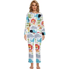 Seamless Pattern Vector With Animals Cartoon Womens  Long Sleeve Lightweight Pajamas Set