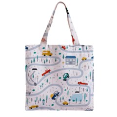 Cute Children Seamless Pattern With Cars Road Park Houses White Background Illustration Town Cartooo Zipper Grocery Tote Bag by Simbadda