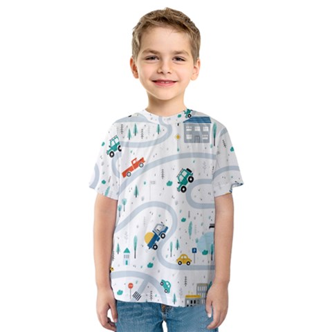 Cute Children Seamless Pattern With Cars Road Park Houses White Background Illustration Town Cartooo Kids  Sport Mesh Tee by Simbadda