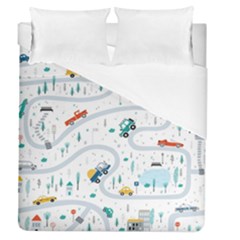 Cute Children Seamless Pattern With Cars Road Park Houses White Background Illustration Town Cartooo Duvet Cover (queen Size) by Simbadda