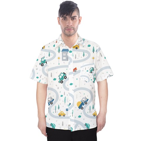 Cute Children Seamless Pattern With Cars Road Park Houses White Background Illustration Town Cartooo Men s Hawaii Shirt by Simbadda