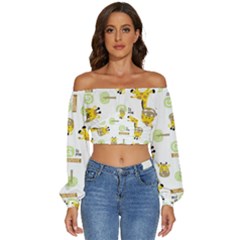 Vector Pattern With Cute Giraffe Cartoon Long Sleeve Crinkled Weave Crop Top by Simbadda