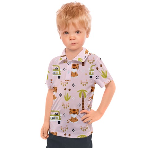 Cute Tiger Car Safari Seamless Pattern Kids  Polo Tee by Simbadda