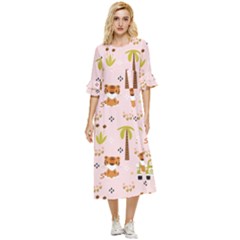 Cute Tiger Car Safari Seamless Pattern Double Cuff Midi Dress