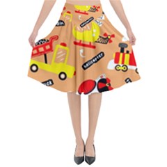 Seamless Pattern Cartoon With Transportation Vehicles Flared Midi Skirt by Simbadda