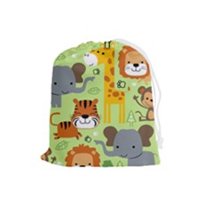 Seamless Pattern Vector With Animals Wildlife Cartoon Drawstring Pouch (large) by Simbadda