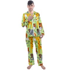 Seamless Pattern Vector With Animals Wildlife Cartoon Men s Long Sleeve Satin Pajamas Set