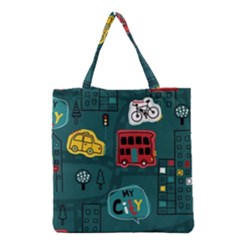 Seamless Pattern Hand Drawn With Vehicles Buildings Road Grocery Tote Bag by Simbadda