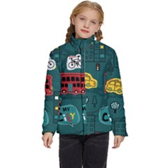Seamless Pattern Hand Drawn With Vehicles Buildings Road Kids  Puffer Bubble Jacket Coat by Simbadda