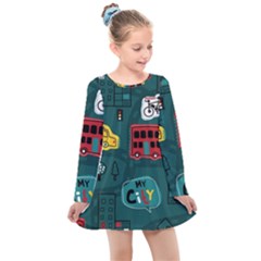 Seamless Pattern Hand Drawn With Vehicles Buildings Road Kids  Long Sleeve Dress by Simbadda