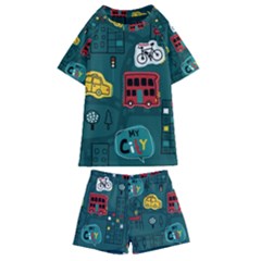 Seamless Pattern Hand Drawn With Vehicles Buildings Road Kids  Swim Tee And Shorts Set by Simbadda