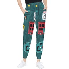 Seamless Pattern Hand Drawn With Vehicles Buildings Road Women s Tapered Pants by Simbadda