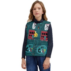 Seamless Pattern Hand Drawn With Vehicles Buildings Road Kid s Button Up Puffer Vest	 by Simbadda