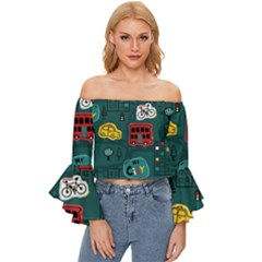 Seamless Pattern Hand Drawn With Vehicles Buildings Road Off Shoulder Flutter Bell Sleeve Top by Simbadda