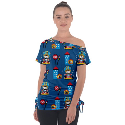 Racing-car-printing-set-cartoon-vector-pattern Off Shoulder Tie-up Tee by Simbadda