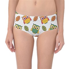 Background-with-owls-leaves-pattern Mid-waist Bikini Bottoms by Simbadda