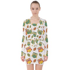 Background-with-owls-leaves-pattern V-neck Bodycon Long Sleeve Dress by Simbadda