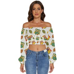 Background-with-owls-leaves-pattern Long Sleeve Crinkled Weave Crop Top by Simbadda