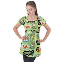 Seamless-pattern-with-wildlife-animals-cartoon Puff Sleeve Tunic Top by Simbadda