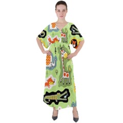 Seamless-pattern-with-wildlife-animals-cartoon V-neck Boho Style Maxi Dress by Simbadda