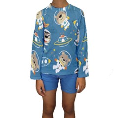 Seamless-pattern-funny-astronaut-outer-space-transportation Kids  Long Sleeve Swimwear by Simbadda