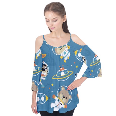 Seamless-pattern-funny-astronaut-outer-space-transportation Flutter Sleeve Tee  by Simbadda