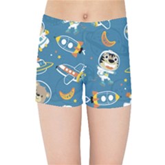 Seamless-pattern-funny-astronaut-outer-space-transportation Kids  Sports Shorts by Simbadda