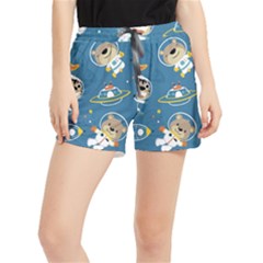 Seamless-pattern-funny-astronaut-outer-space-transportation Women s Runner Shorts by Simbadda