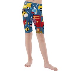 Seamless Pattern Vehicles Cartoon With Funny Drivers Kids  Mid Length Swim Shorts by Simbadda