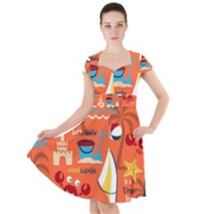 Seamless Pattern Vector Beach Holiday Theme Set Cap Sleeve Midi Dress