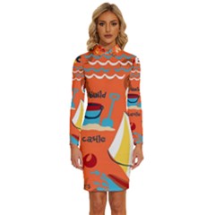 Seamless Pattern Vector Beach Holiday Theme Set Long Sleeve Shirt Collar Bodycon Dress