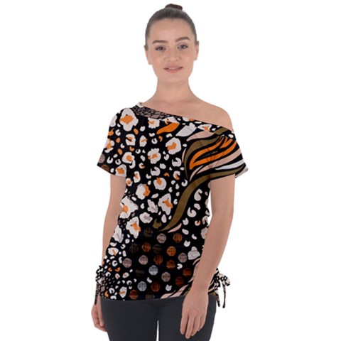 Trendy Mix Animal Skin Prints Off Shoulder Tie-up Tee by Simbadda