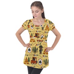 Seamless Pattern Funny Ranger Cartoon Puff Sleeve Tunic Top by Simbadda