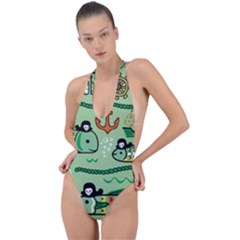 Seamless Pattern Fishes Pirates Cartoon Backless Halter One Piece Swimsuit by Simbadda