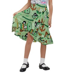 Seamless Pattern Fishes Pirates Cartoon Kids  Ruffle Flared Wrap Midi Skirt by Simbadda