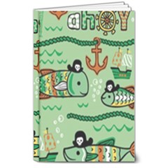 Seamless Pattern Fishes Pirates Cartoon 8  X 10  Hardcover Notebook