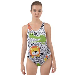 Seamless Pattern With Wildlife Cartoon Cut-Out Back One Piece Swimsuit