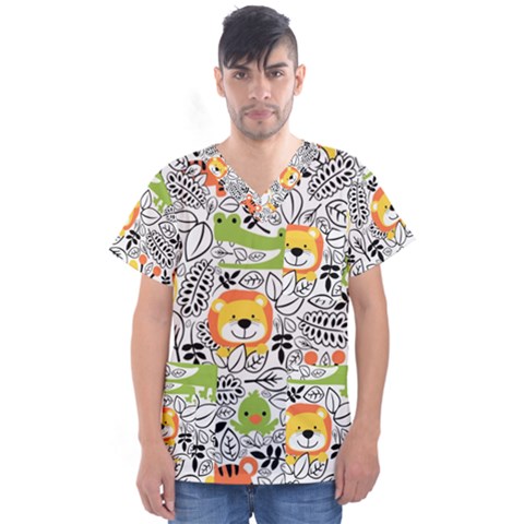 Seamless Pattern With Wildlife Cartoon Men s V-neck Scrub Top by Simbadda