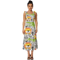 Seamless Pattern With Wildlife Cartoon Tie-Strap Tiered Midi Chiffon Dress