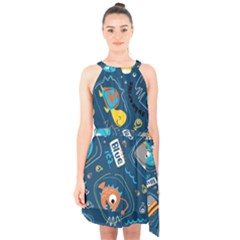 Seamless Pattern Vector Submarine With Sea Animals Cartoon Halter Collar Waist Tie Chiffon Dress