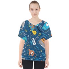 Seamless Pattern Vector Submarine With Sea Animals Cartoon V-neck Dolman Drape Top by Simbadda