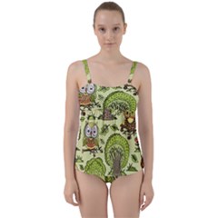 Seamless Pattern With Trees Owls Twist Front Tankini Set by Simbadda