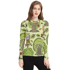 Seamless Pattern With Trees Owls Women s Long Sleeve Rash Guard