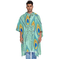 Lovely Peacock Feather Pattern With Flat Design Men s Hooded Rain Ponchos