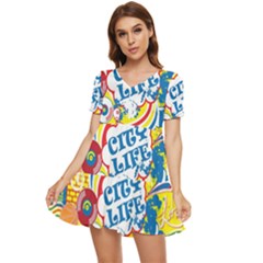 Colorful City Life Horizontal Seamless Pattern Urban City Tiered Short Sleeve Babydoll Dress by Simbadda